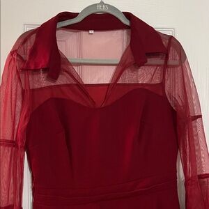 Elegant Red Sheer-Sleeve Women's Dress